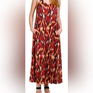NICOLE MILLER Abstract Pink Charmeuse Slip Maxi Dress With Pockets